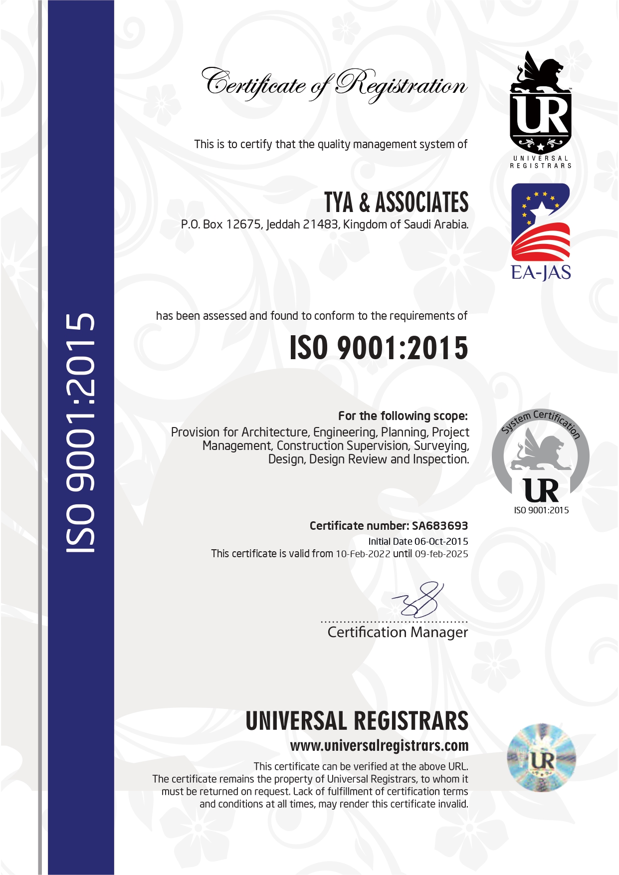 Certificate of registration in ISO 9001:2015